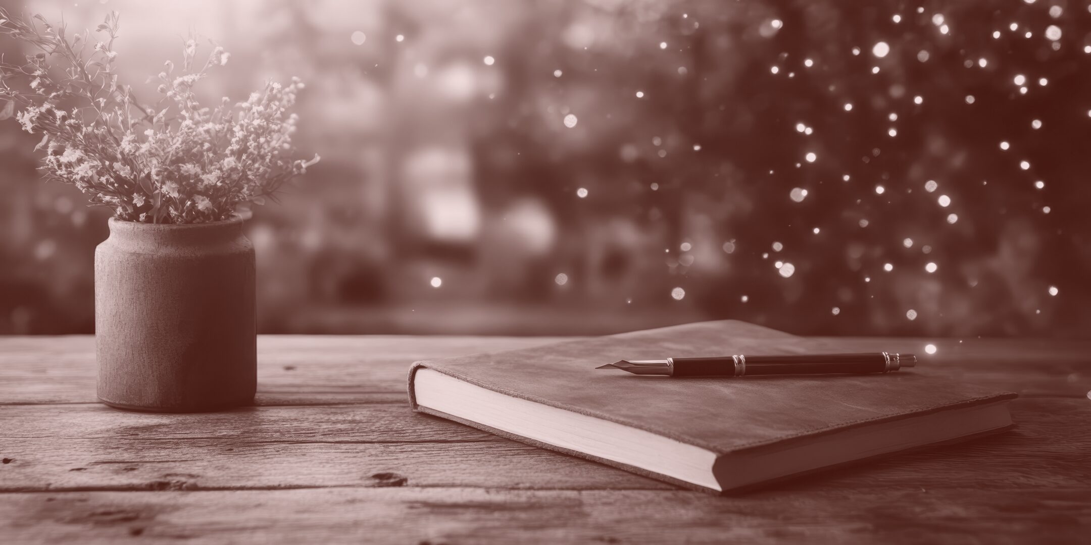 Teacup steaming in morning light on a notebook with written pages and with a pink flower-pen on top.