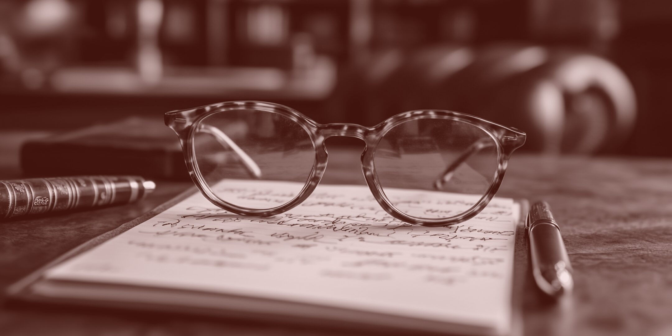 A notebook with writing in it, a pair of glasses with tortoise shell frames, a pen, a leather chair, a wooden desk.