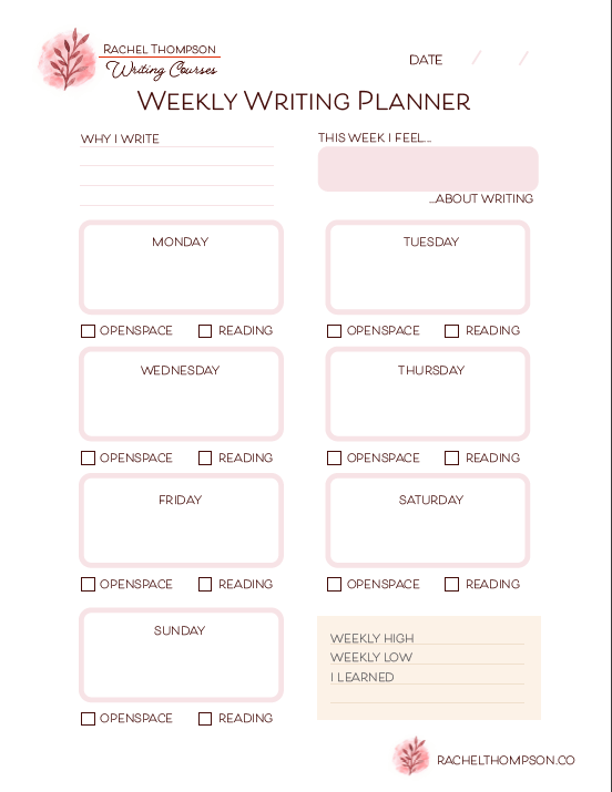 Photo of the PDF Weekly Writing Planner from Rachel Thompson