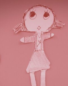 A child-like paper drawing of a girl looking surprised.